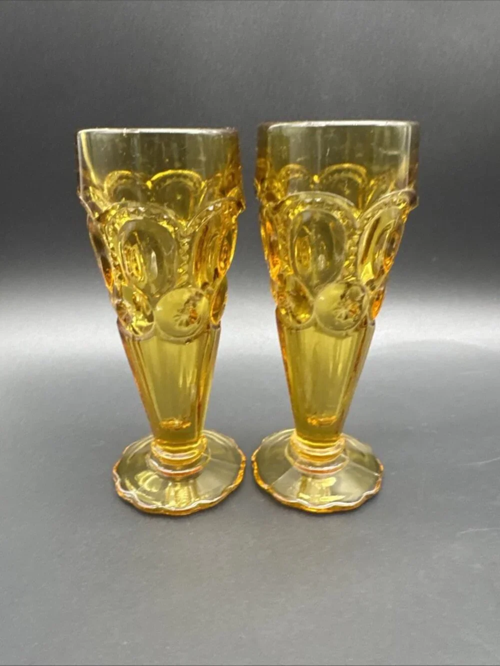 VTG MCM LE Smith Glass Moon Stars Amber Bud Vase Pair Fall Decor